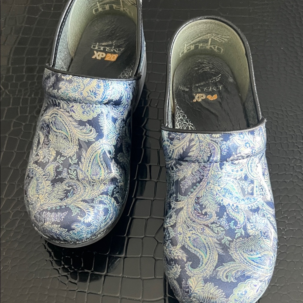 Dansko Navy and Light Blue Paisley Clogs